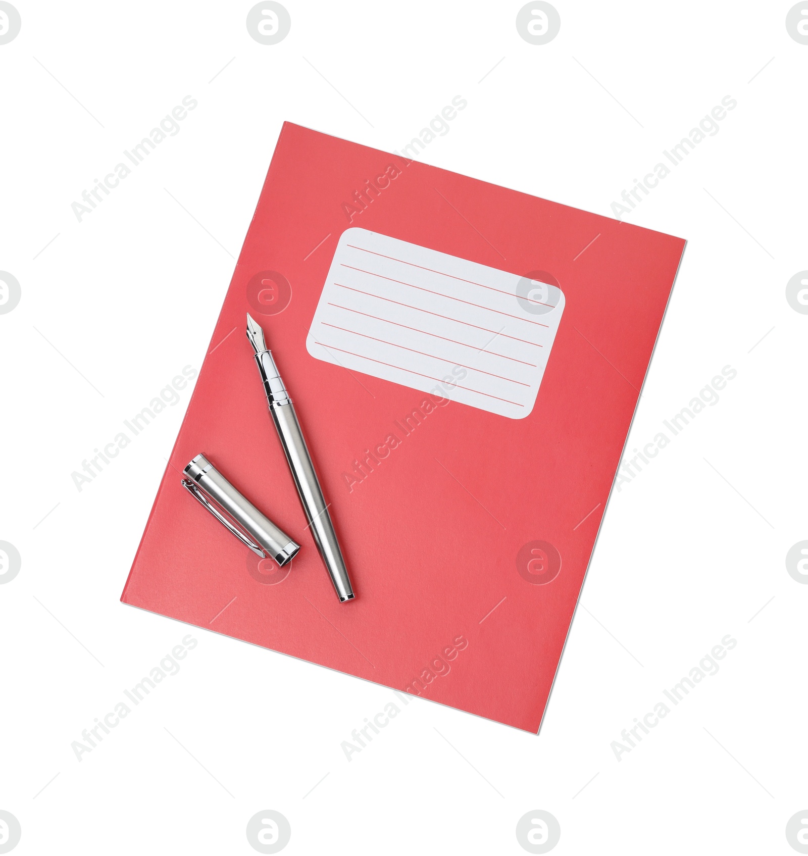 Photo of Copybook and pen isolated on white, top view. School stationery