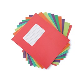 Photo of Colorful copybooks isolated on white, top view. School stationery