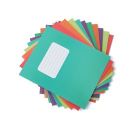 Photo of Colorful copybooks isolated on white, top view. School stationery