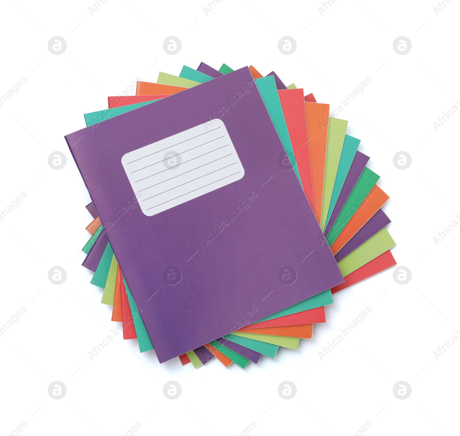 Photo of Colorful copybooks isolated on white, top view. School stationery