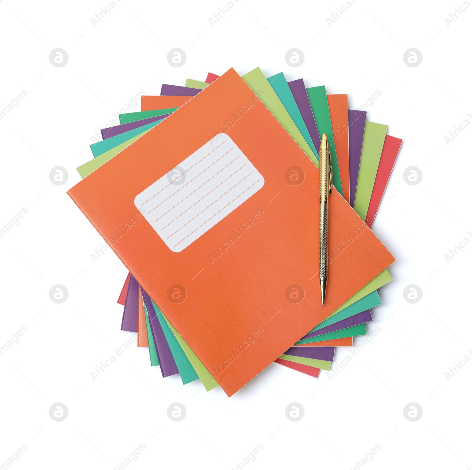 Photo of Colorful copybooks and pen isolated on white, top view. School stationery