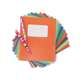 Photo of Colorful copybooks and pens isolated on white, top view. School stationery