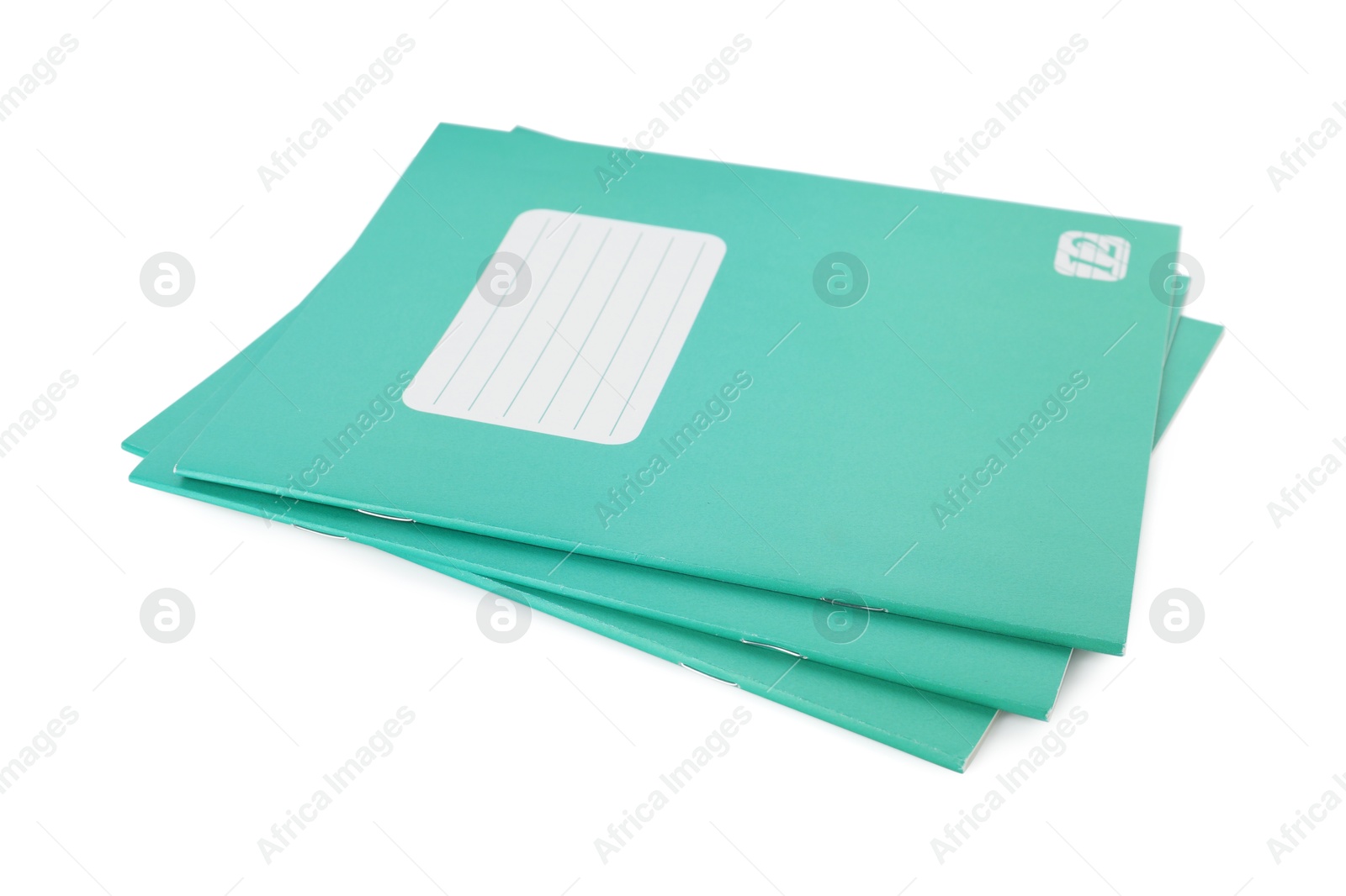 Photo of Turquoise copybooks isolated on white. School stationery