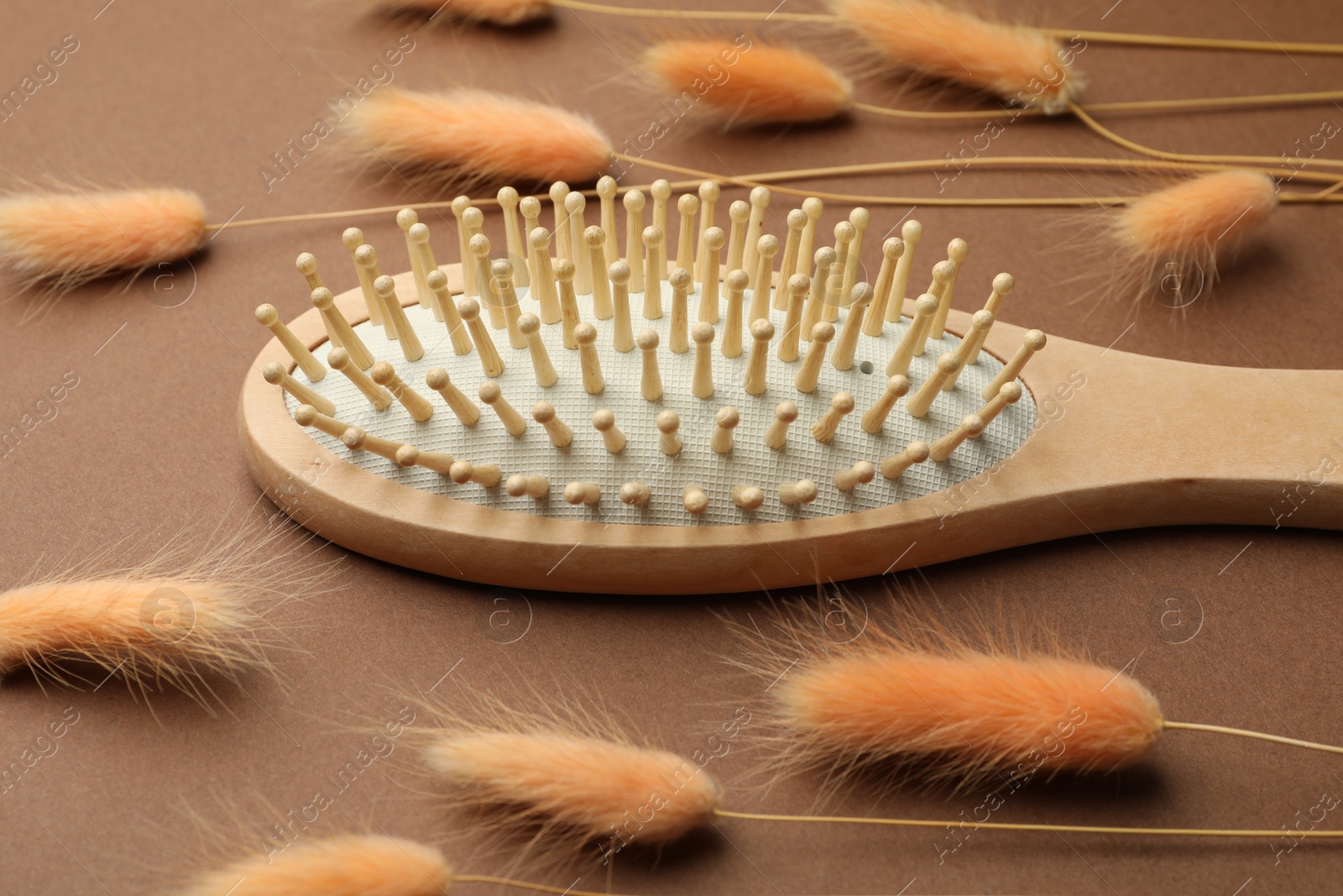 Photo of Wooden hair brush and spikes on brown background, closeup