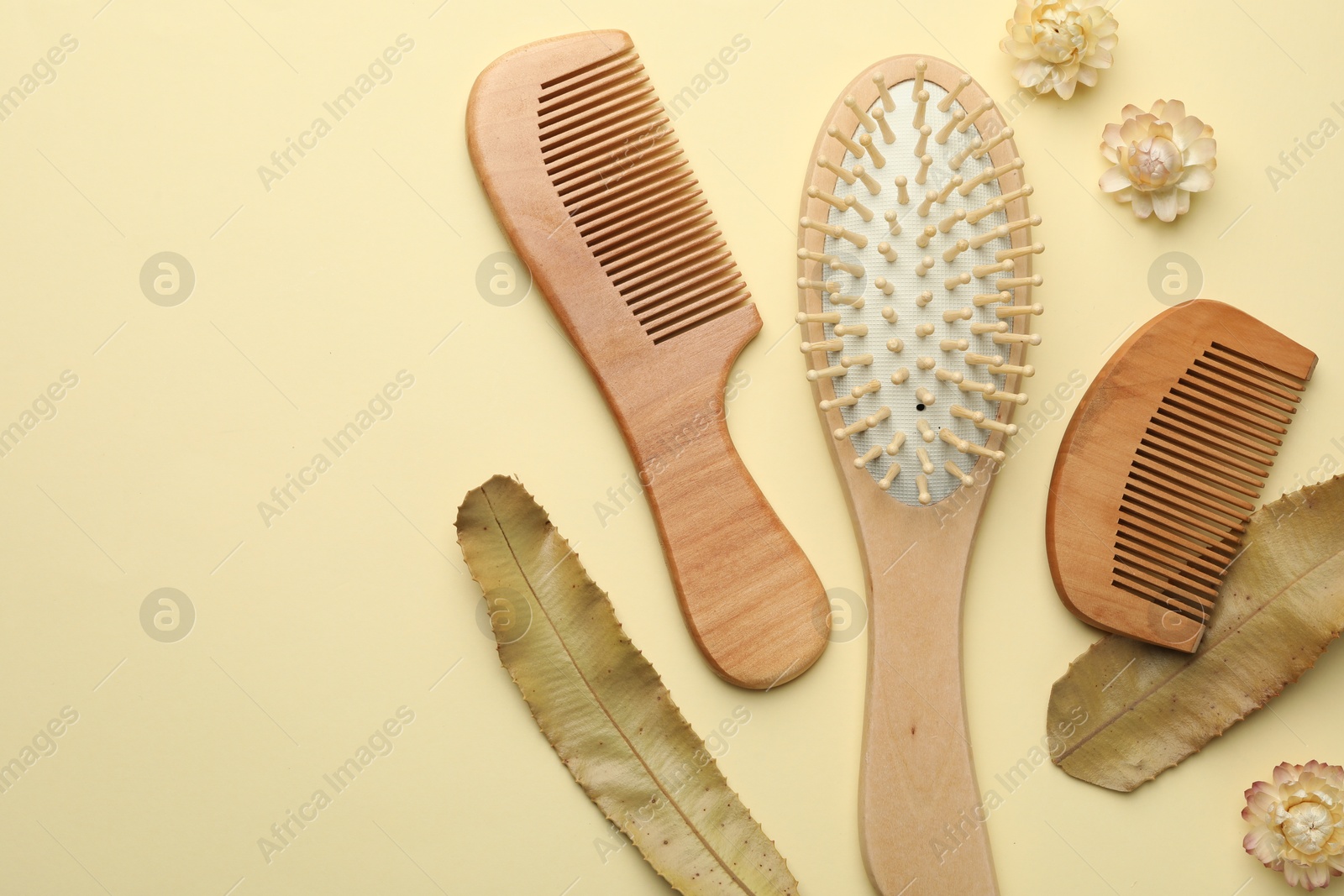 Photo of Wooden hair brush, combs, flowers and leaves on beige background, flat lay. Space for text