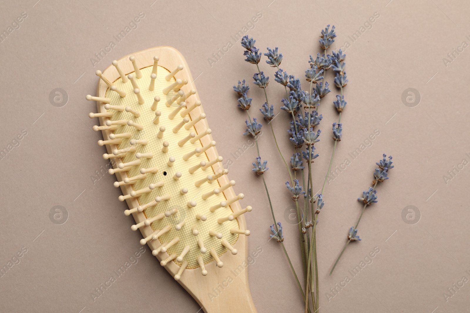 Photo of Wooden hair brush and lavender flowers on color background, top view