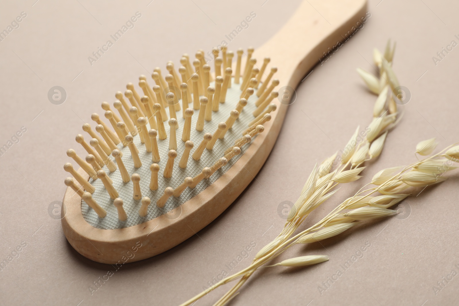 Photo of Wooden hair brush and spikes on color background, closeup