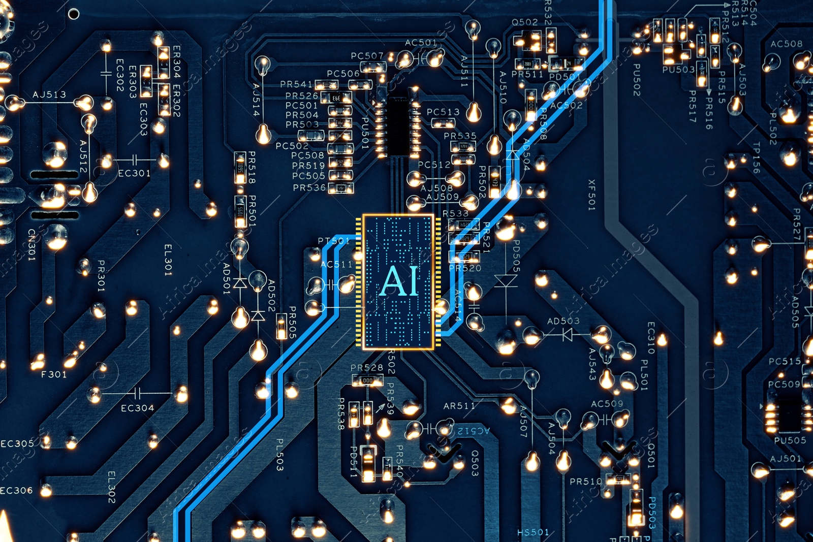 Image of Artificial intelligence. Electronic chip with AI abbreviation on circuit board, top view