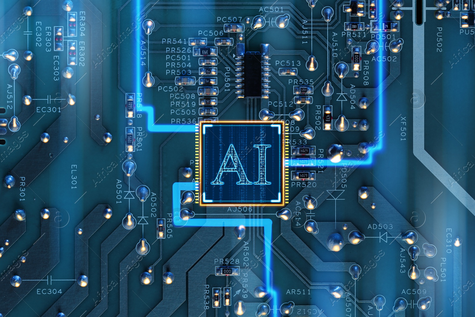 Image of Artificial intelligence. Electronic chip with AI abbreviation on circuit board, top view