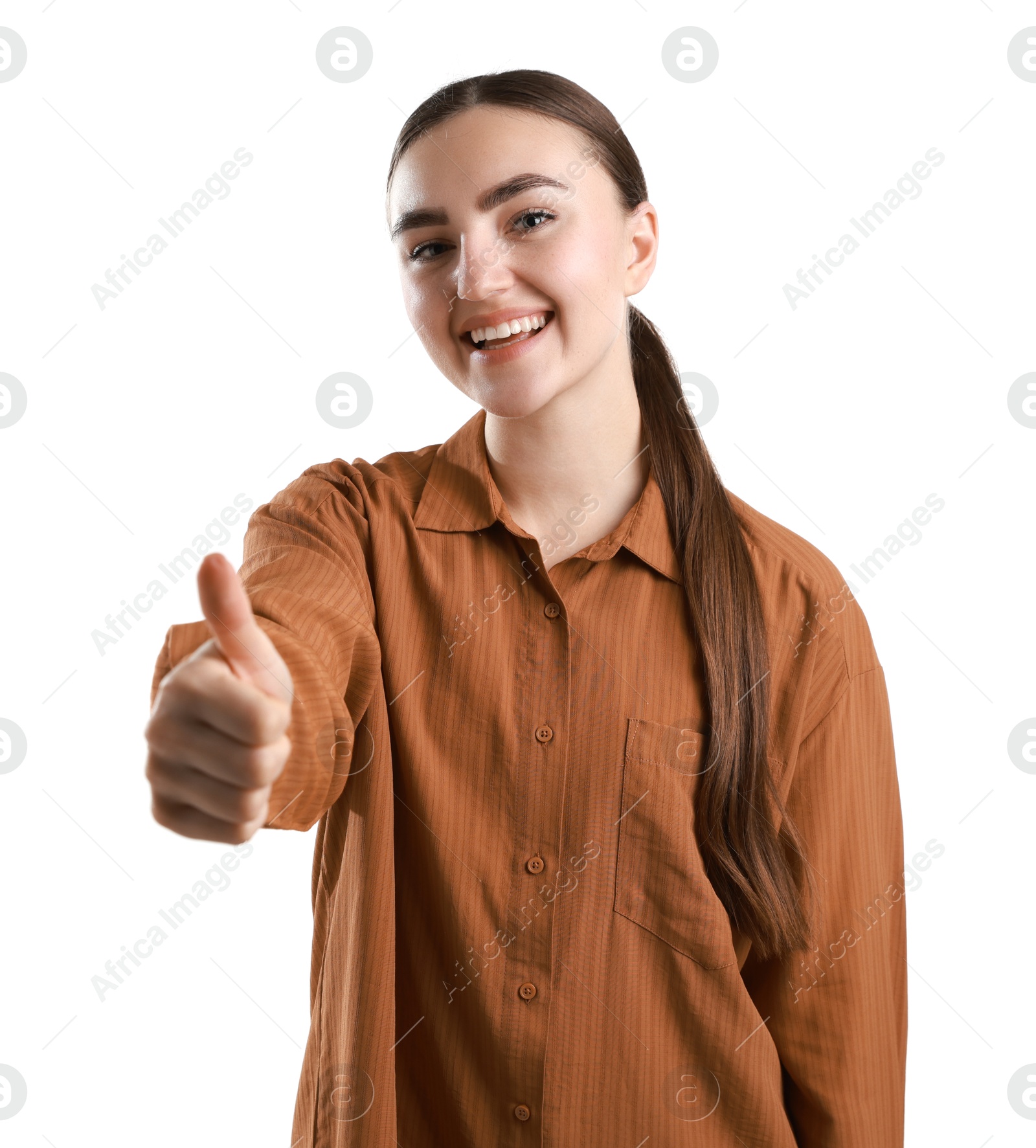 Photo of Happy woman showing thumbs up on white background. Like gesture