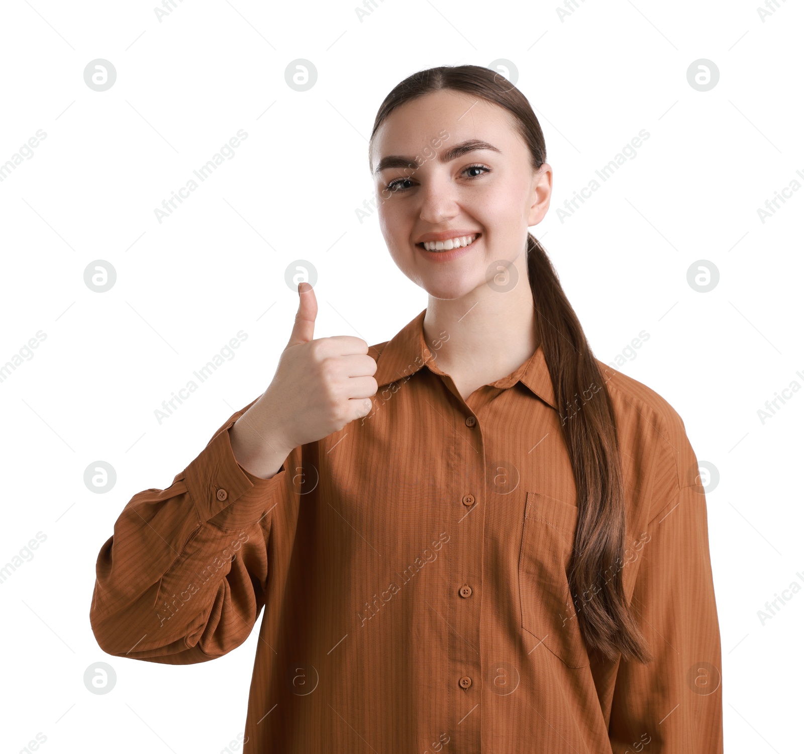 Photo of Happy woman showing thumbs up on white background. Like gesture