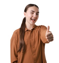 Photo of Happy woman showing thumbs up on white background. Like gesture