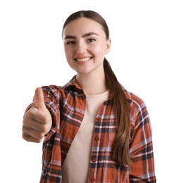 Photo of Happy woman showing thumbs up on white background. Like gesture