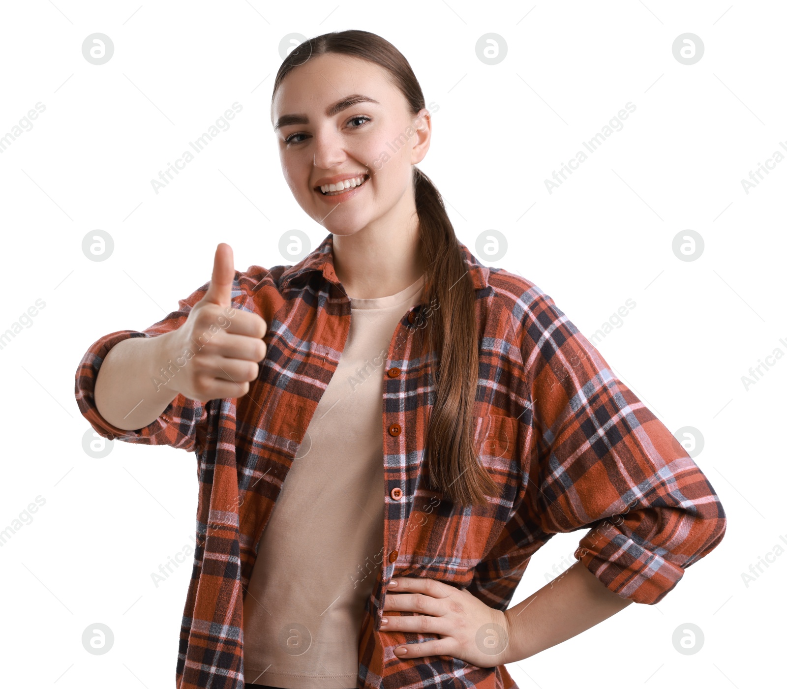 Photo of Happy woman showing thumbs up on white background. Like gesture