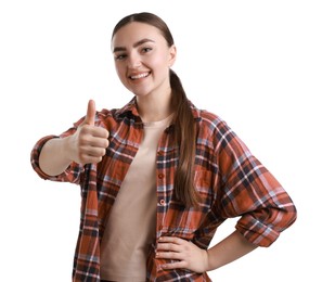 Photo of Happy woman showing thumbs up on white background. Like gesture