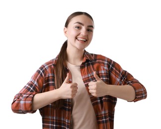 Photo of Happy woman showing thumbs up on white background. Like gesture