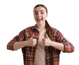 Photo of Happy woman showing thumbs up on white background. Like gesture