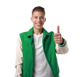 Photo of Happy man showing thumbs up on white background. Like gesture