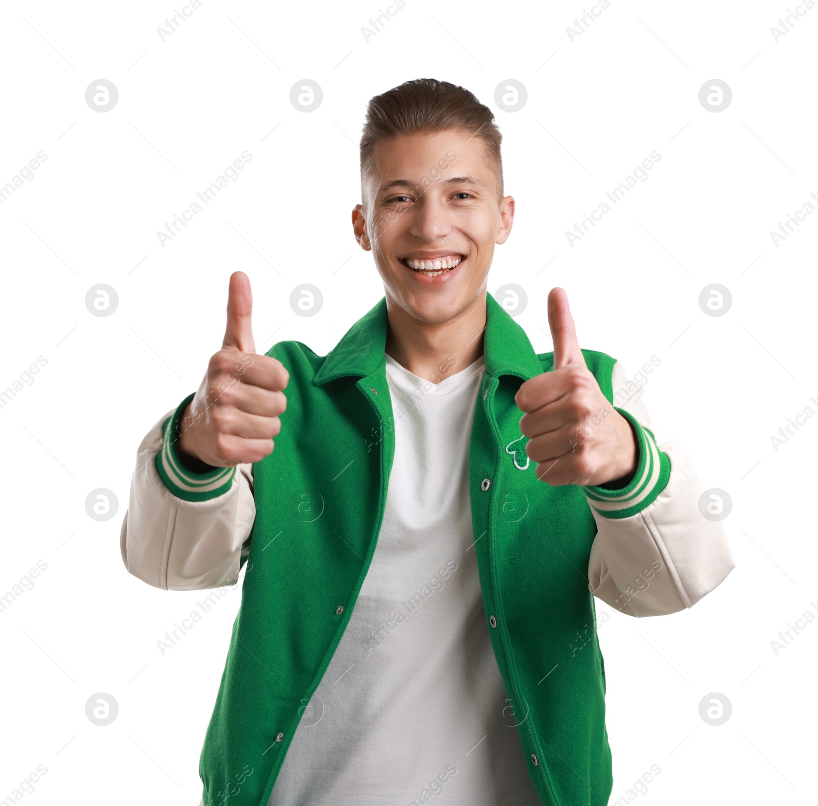 Photo of Happy man showing thumbs up on white background. Like gesture