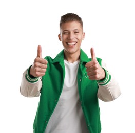 Photo of Happy man showing thumbs up on white background. Like gesture