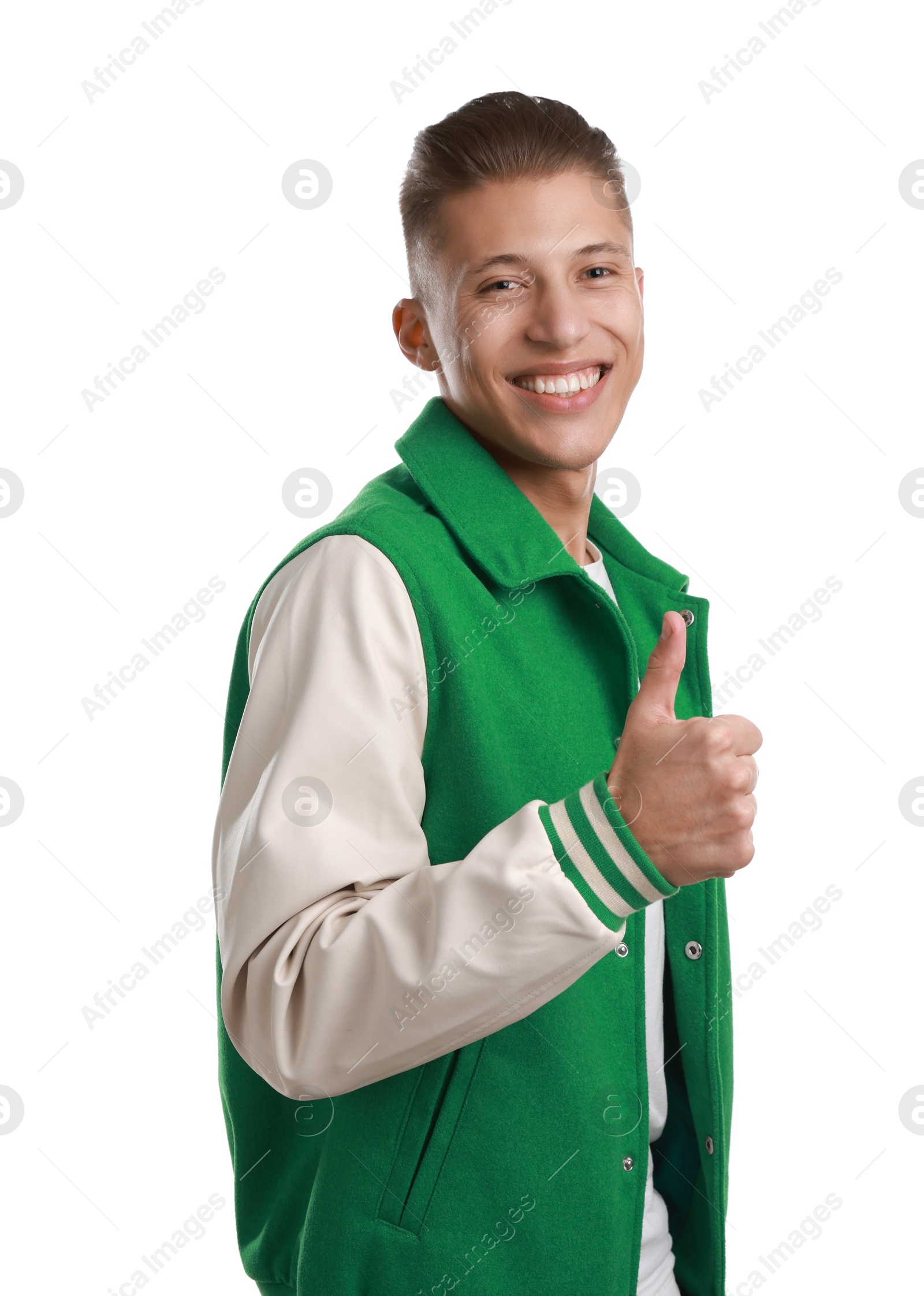 Photo of Happy man showing thumbs up on white background. Like gesture