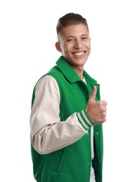 Photo of Happy man showing thumbs up on white background. Like gesture