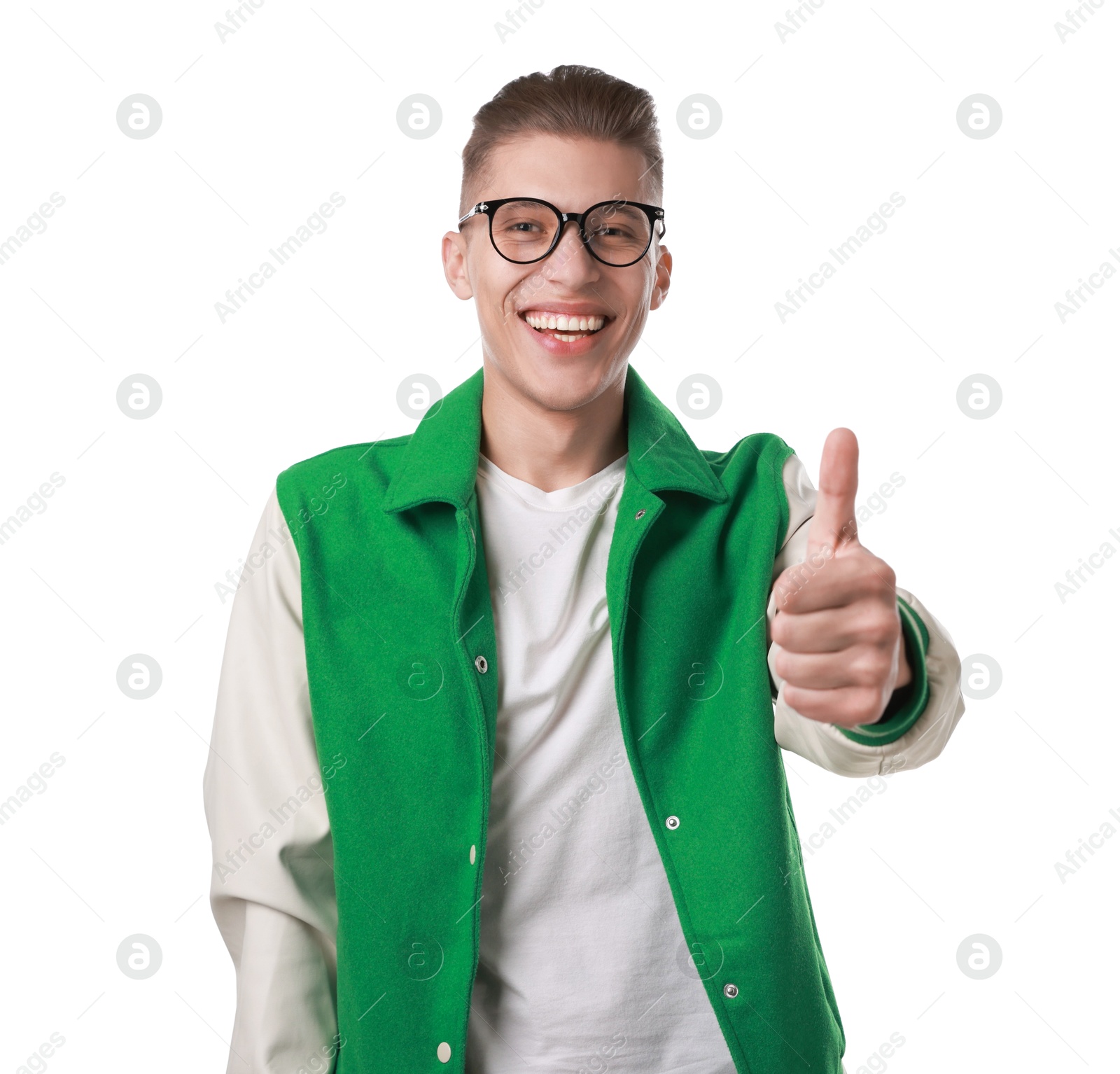 Photo of Happy man showing thumbs up on white background. Like gesture