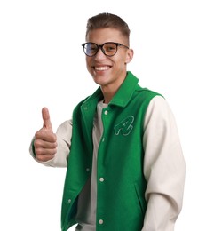 Photo of Happy man showing thumbs up on white background. Like gesture