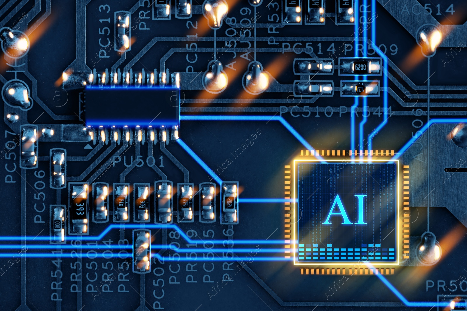 Image of Artificial intelligence. Electronic chip with AI abbreviation on circuit board, top view