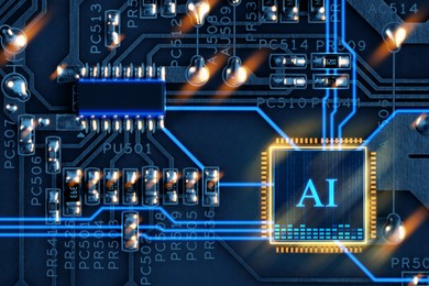 Image of Artificial intelligence. Electronic chip with AI abbreviation on circuit board, top view