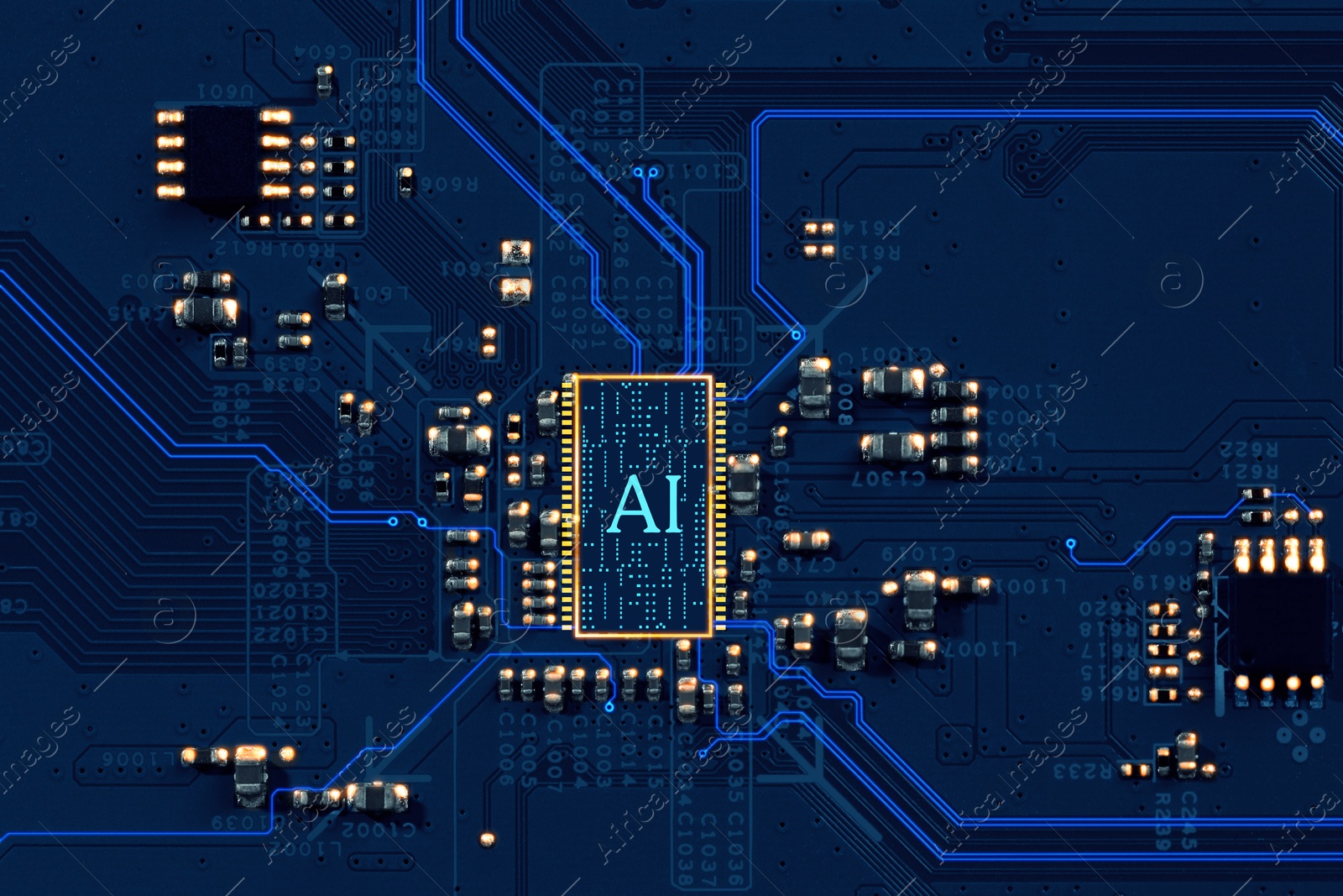 Image of Artificial intelligence. Electronic chip with AI abbreviation on circuit board, top view