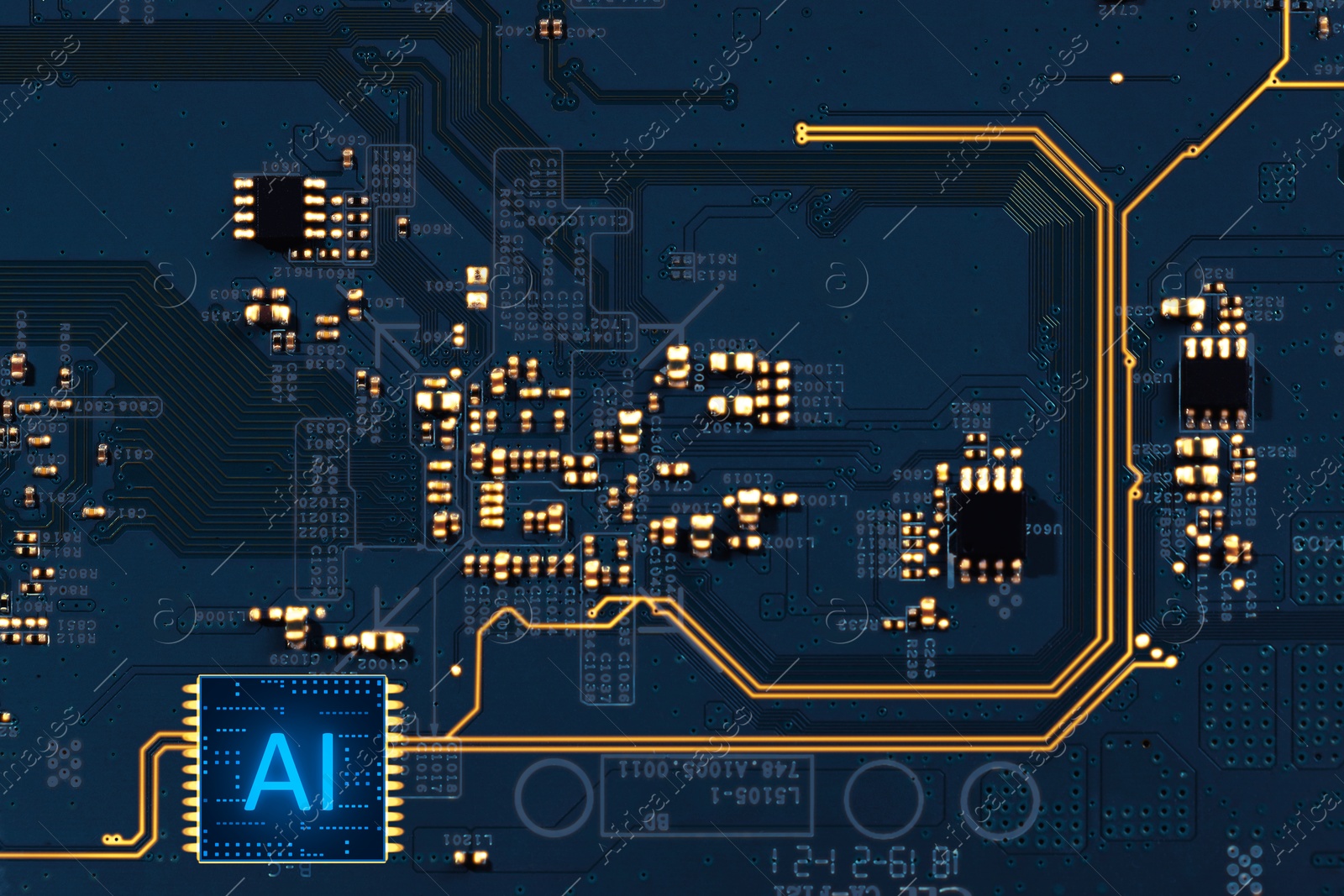 Image of Artificial intelligence. Electronic chip with AI abbreviation on circuit board, top view