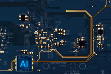 Image of Artificial intelligence. Electronic chip with AI abbreviation on circuit board, top view