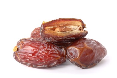 Photo of Many tasty dried dates isolated on white