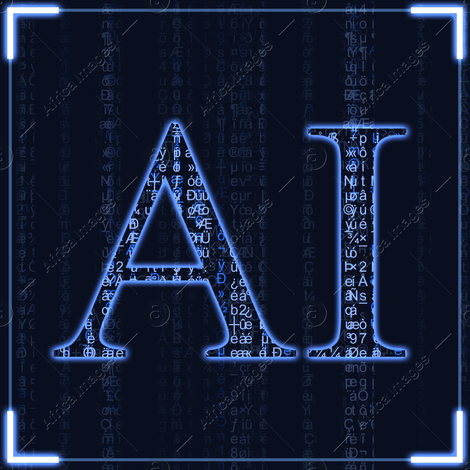 Illustration of AI abbreviation on dark blue background with running code pattern. Artificial intelligence