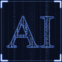 Illustration of AI abbreviation on dark blue background with running code pattern. Artificial intelligence