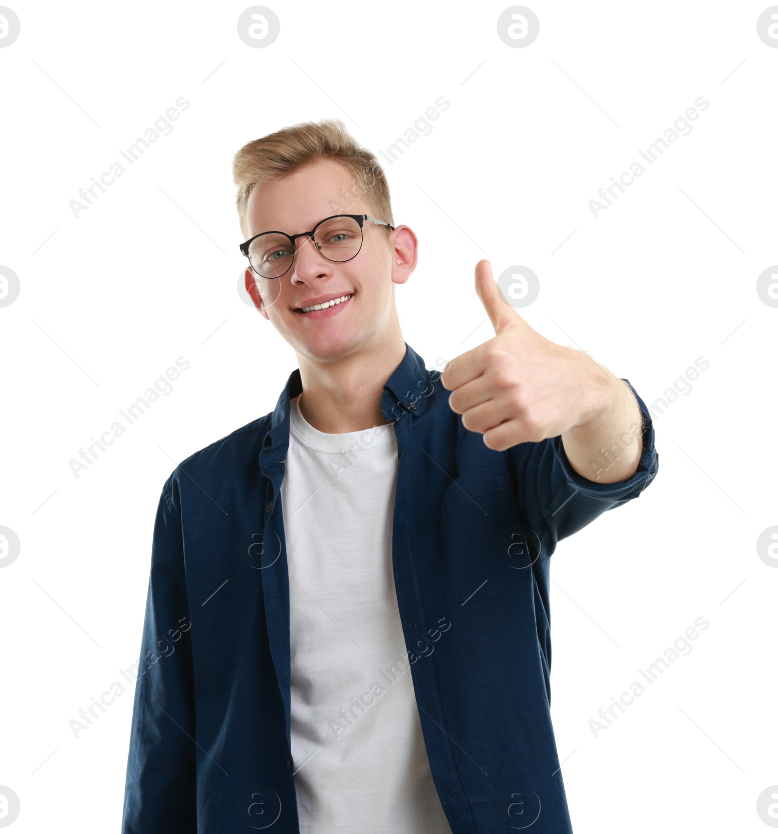 Photo of Happy man showing thumbs up on white background. Like gesture