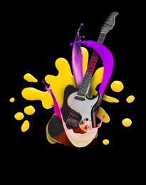 Image of Electric guitar and splashes of bright paints on black background. Creative poster