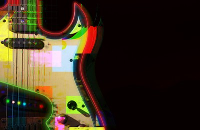 Image of Electric guitar on black background, space for text. Glitch effect. Creative poster