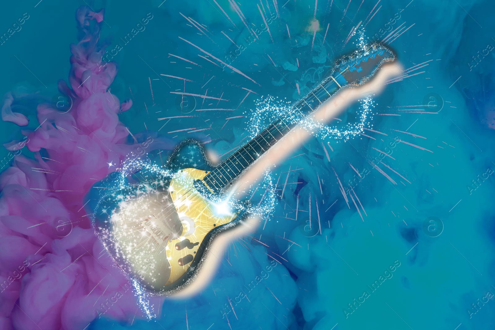 Image of Electric guitar and bright sparks against blue background with ink splashes. Creative poster