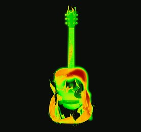 Image of Bright green acoustic guitar with flames and splashes of paints on black background. Creative poster