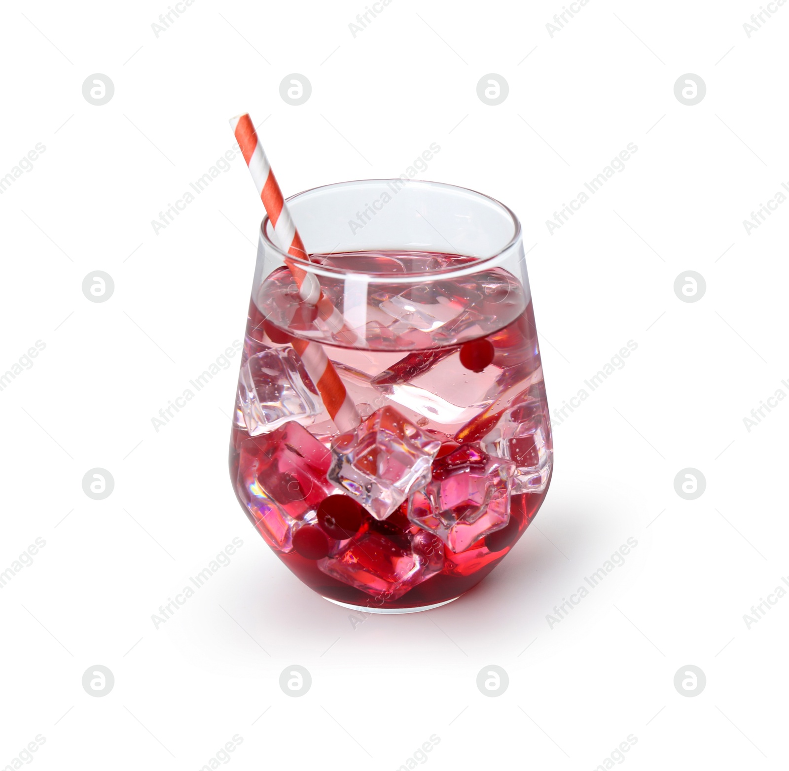 Photo of Tasty Christmas cocktail with straw in glass isolated on white