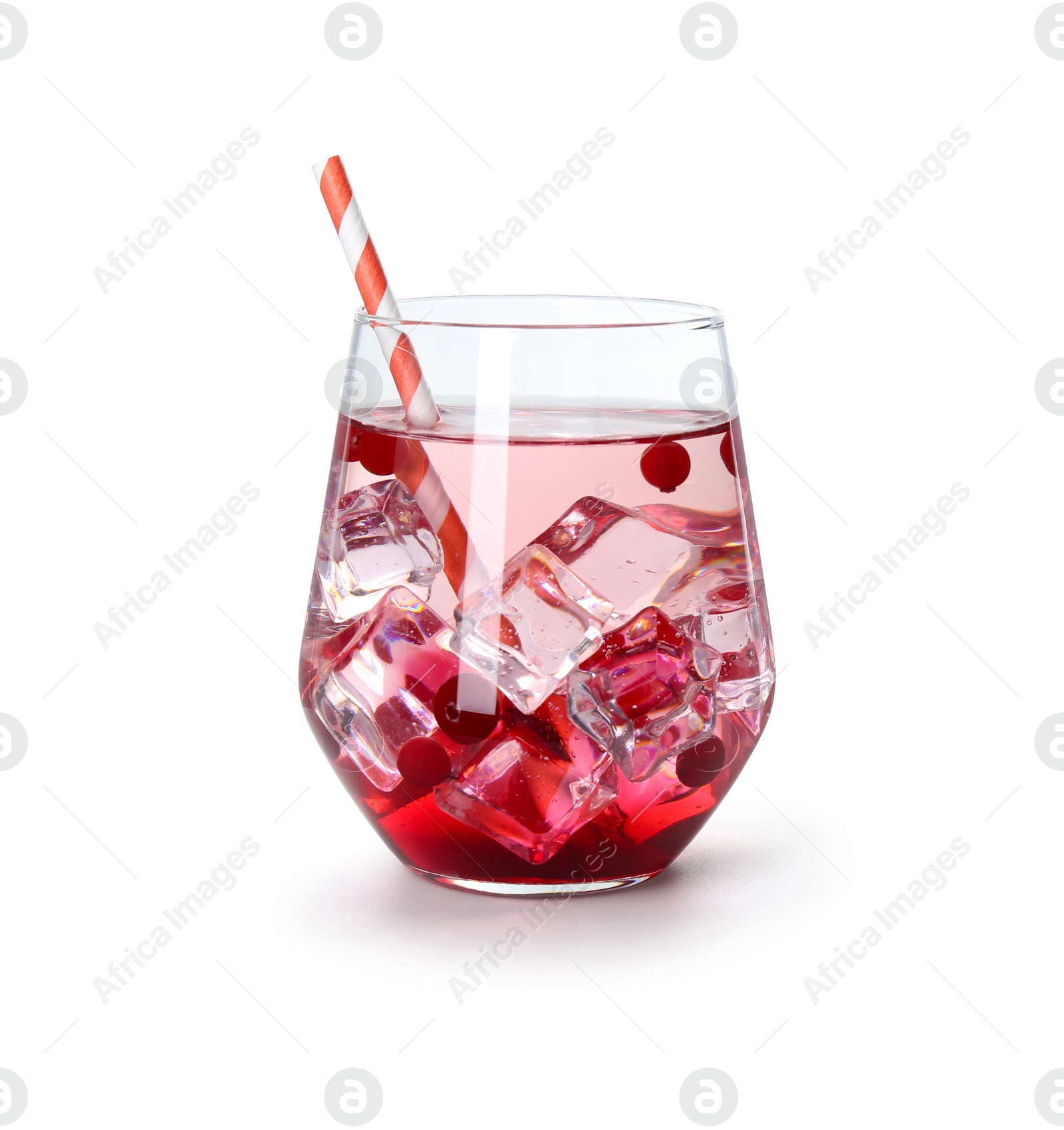 Photo of Tasty Christmas cocktail with straw in glass isolated on white