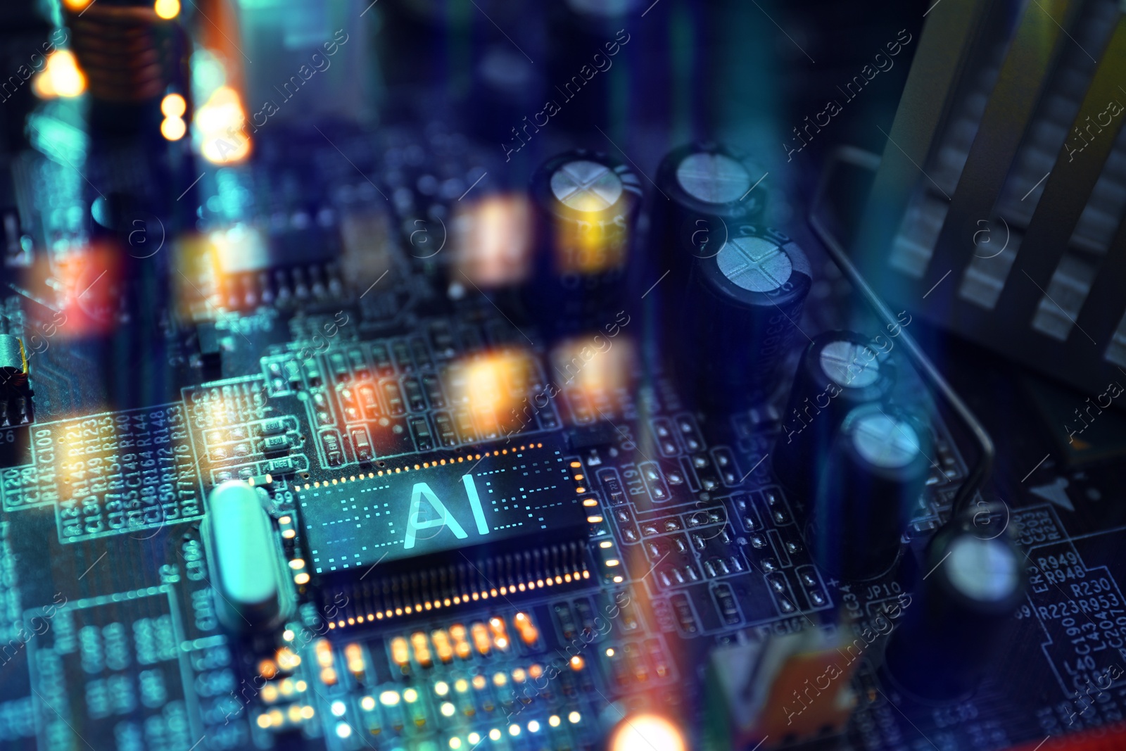 Image of Artificial intelligence. Electronic chip with AI abbreviation on computer motherboard, closeup