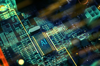 Image of Artificial intelligence. Electronic chip with AI abbreviation on computer motherboard, closeup