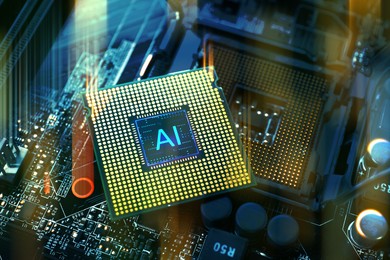 Image of Artificial intelligence. Electronic chip with AI abbreviation on computer motherboard, closeup