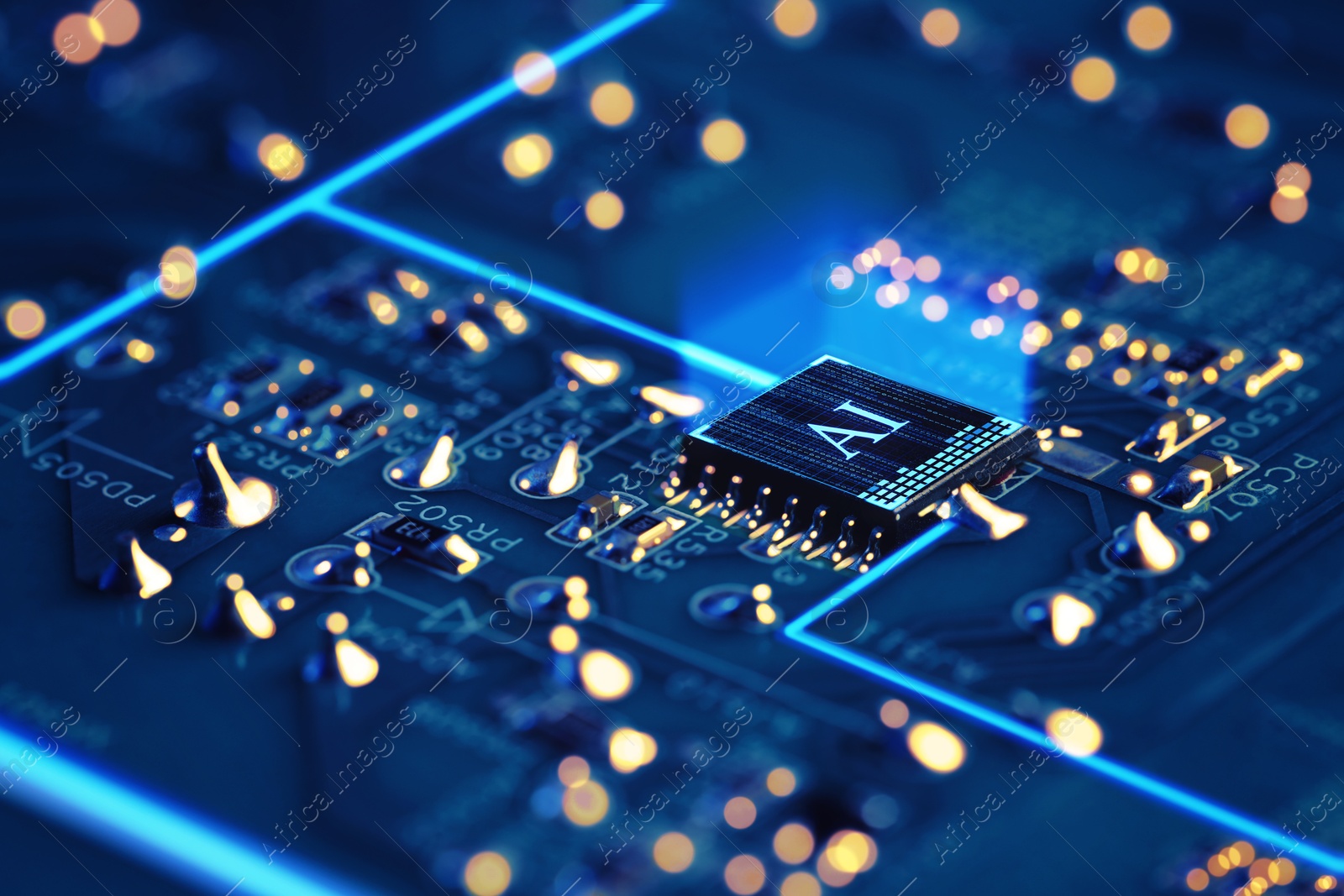 Image of Artificial intelligence. Electronic chip with AI abbreviation on computer circuit board, closeup