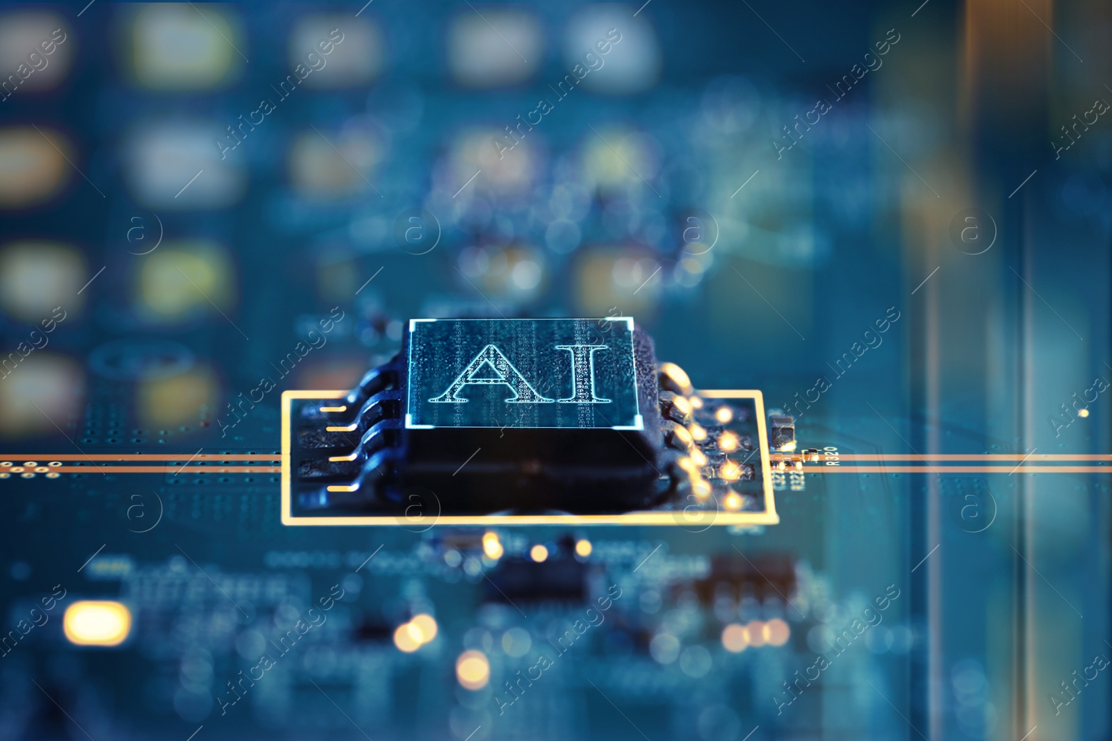 Image of Artificial intelligence. Electronic chip with AI abbreviation on computer circuit board, closeup