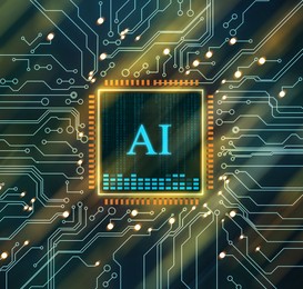 Image of Artificial intelligence. Electronic chip with AI abbreviation on circuit board, top view