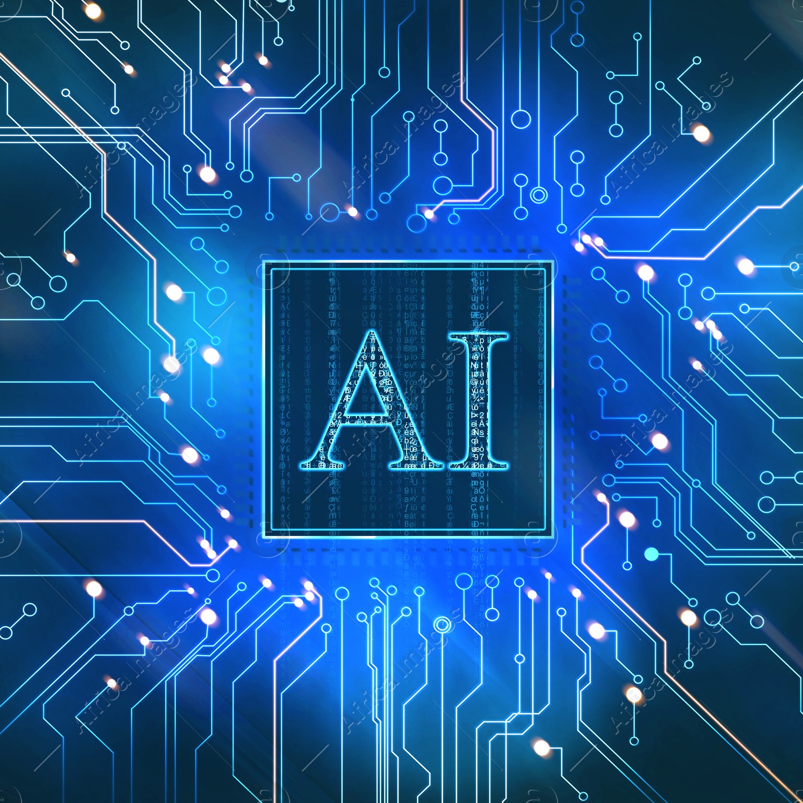 Image of Artificial intelligence. Electronic chip with AI abbreviation on circuit board, top view